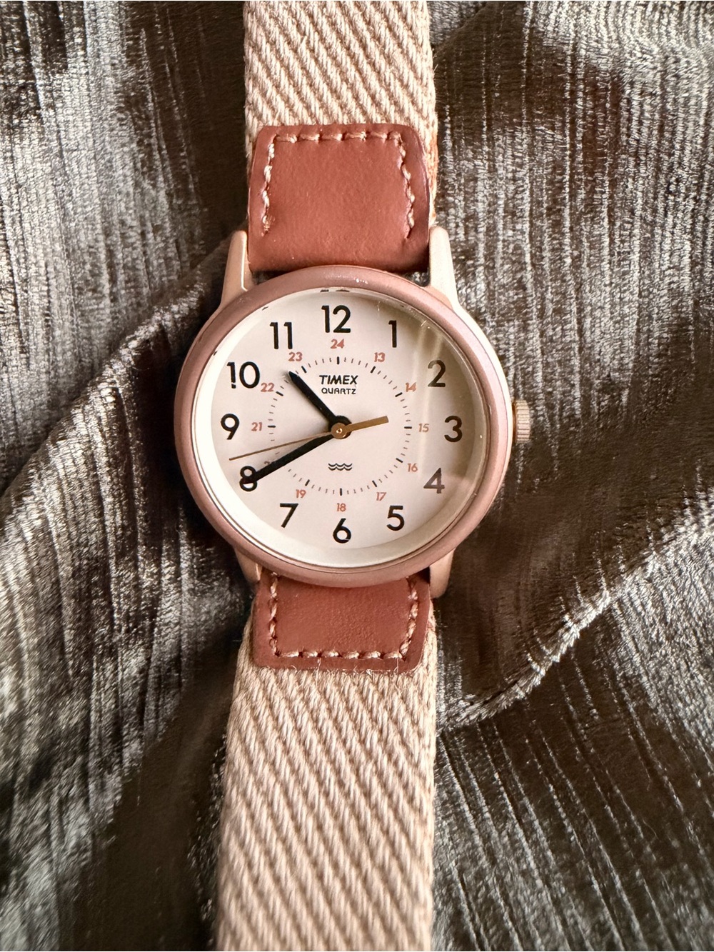 Timex Men’s Pink Case with Tan Canvas and Brown Leather-Accent Strap Watch